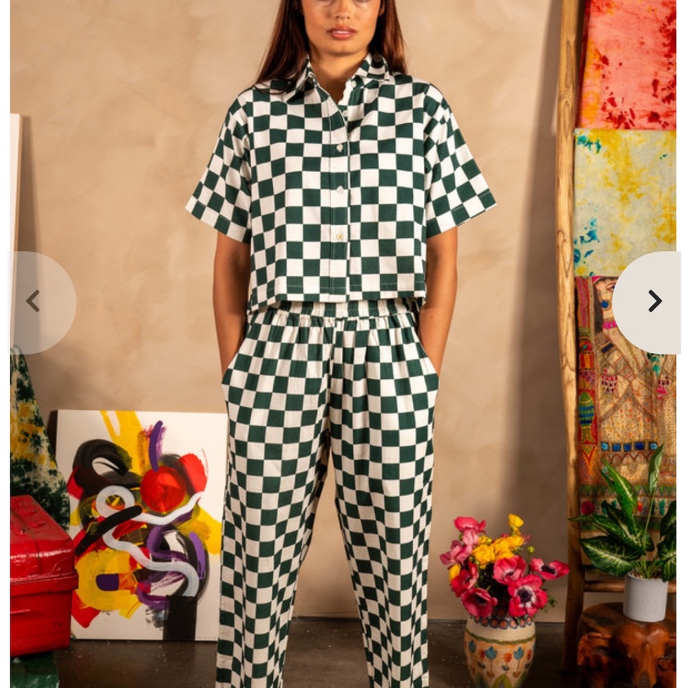 Green and White Checkered Women's Button Down Shirt